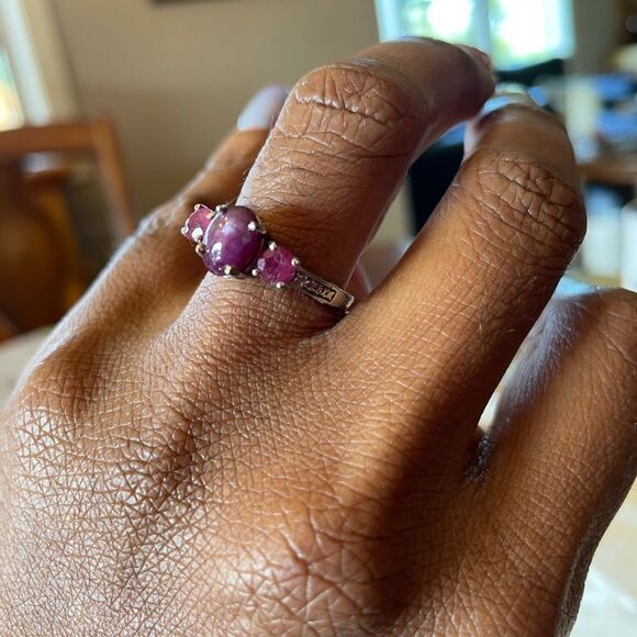 Ruby Ring Three Stone Platinum Sterling Silver Jewelry  Gemstone Birthstone - Picture 2 of 12